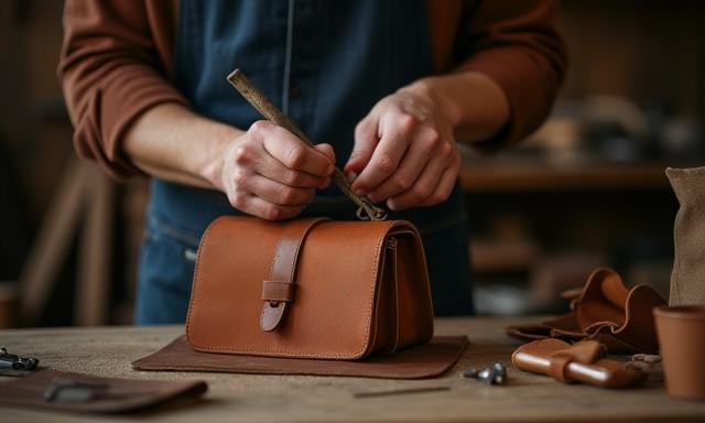 職人が本革バッグを手作りしている様子(築地の自社工房)